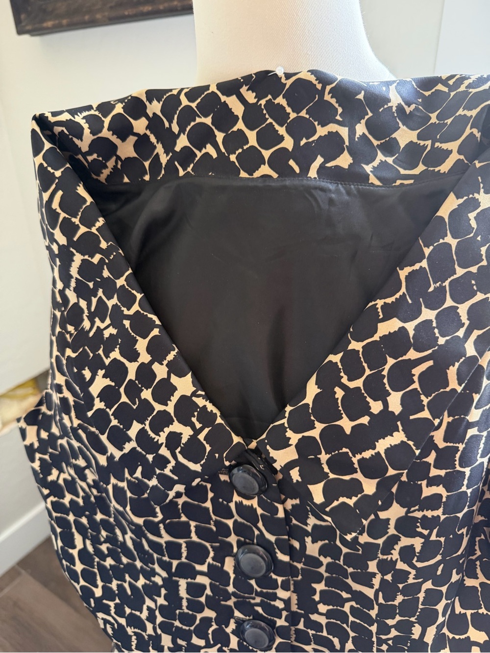 Women's Black and Gold Silk Printed Button-Front  Dress